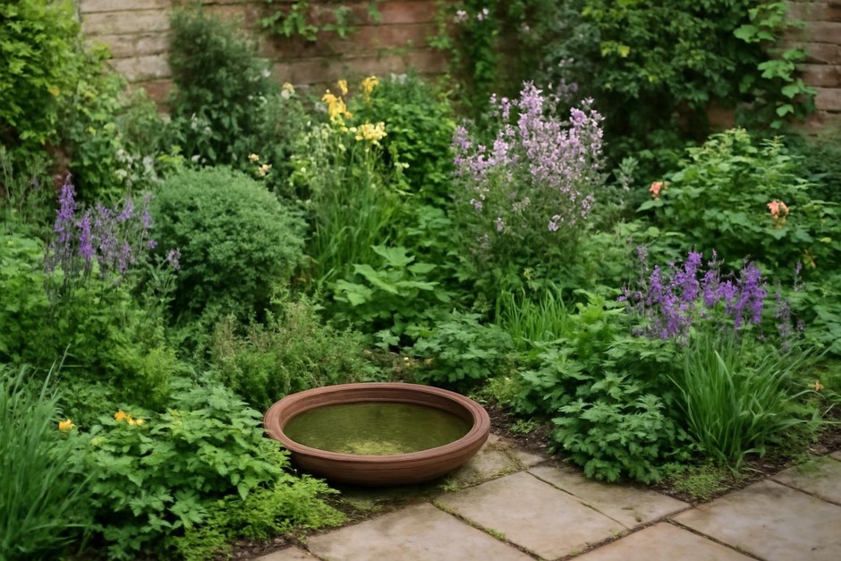 A small garden corner with layered planting and a shallow water basin