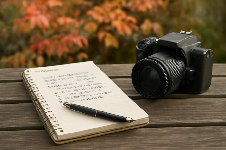 Close-up of a notebook and a camera on a garden table with changing leaves in the background