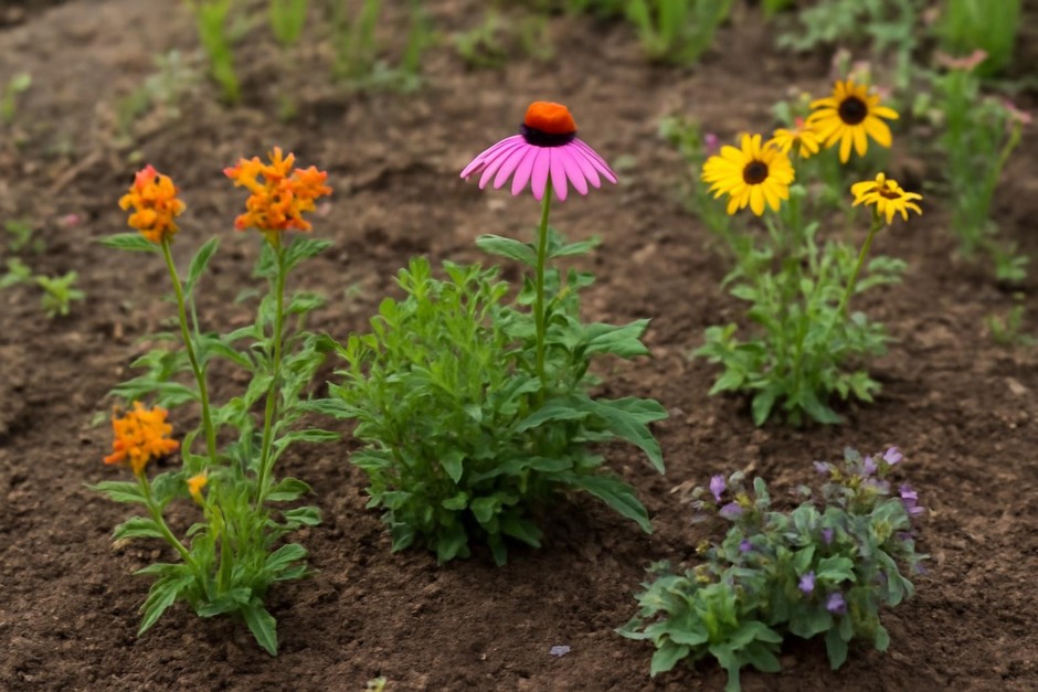 Close-up of native flowering plants in a small garden patch