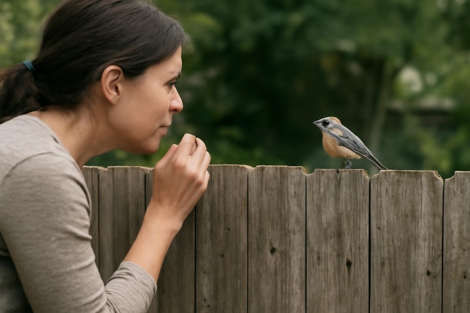 Person observing a small bird perched on a backyard fence